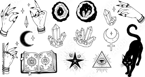 Magic elements. Mystical Halloween sticker. Hand drawn boho esoteric crystals, witch hands, magician book, cat, magical star, female mystical symbols. Vector set