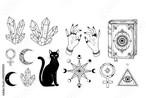 Magic elements. Mystical Halloween sticker. Hand drawn boho esoteric crystals, witch hands, magician book, cat, magical star, female mystical symbols. Vector set