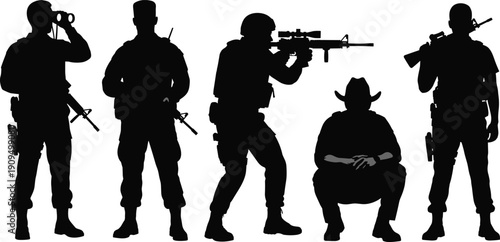 Military Soldier Silhouettes Collection with Tactical Weapons and Combat Poses Isolated on White Background Vector Illustration for Defense and Security Design