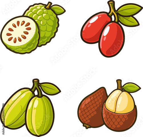 Cute Exotic Tropical Fruit Sticker Set Vector Illustration