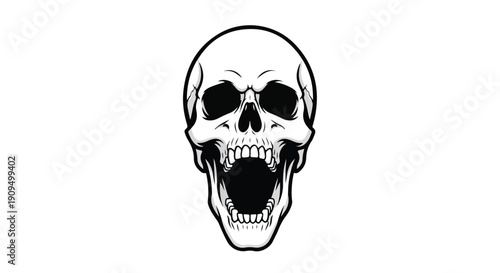 A black and white illustration of a screaming skull with an open mouth on a plain white background.