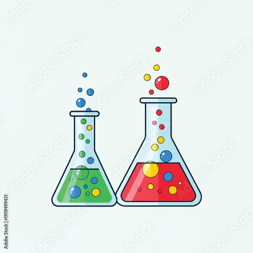 Beakers with colorful liquids and bubbles.