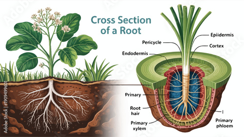 A scientific diagram showing the cross-section anatomy of a plant root (3)_traced