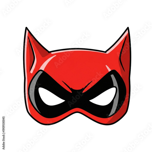 A vibrant red cat-eared mask with black eye holes, depicting a stylized superhero or villain accessory.