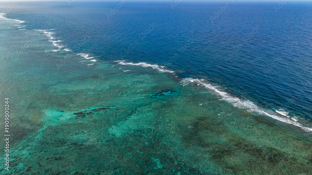 Fototapeta premium Scenic aerial drone photography of the island of Rodrigues coast. Beautiful lagoon of the island of Rodrigues, Mauritius, taken from above .Indian ocean coral reef 
