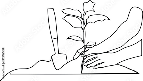 Hands Planting Sprout in Soil Continuous Line Art. Minimalist Hand Drawn Eco Concept for Sustainability and Growth. Simple Black Linear Sketch of Gardening and Nurturing Nature Vector.