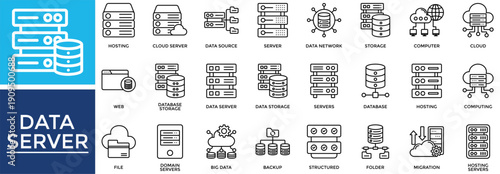 Data Server icon set collection. Containing database, server, computing, monitor, plan, strategy, document .Line vector icons collection