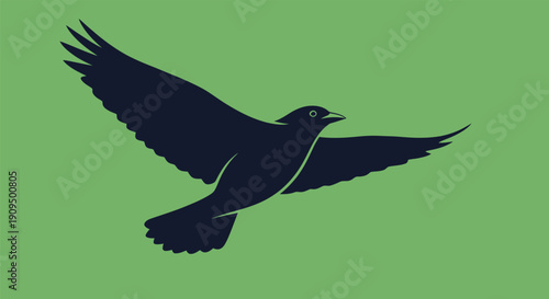Silhouette of a bird in flight against a green background.