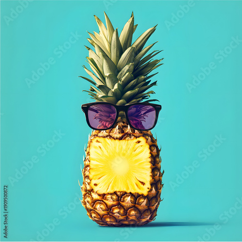Pineapple with sunglasses against blue background: summery and fun vibes