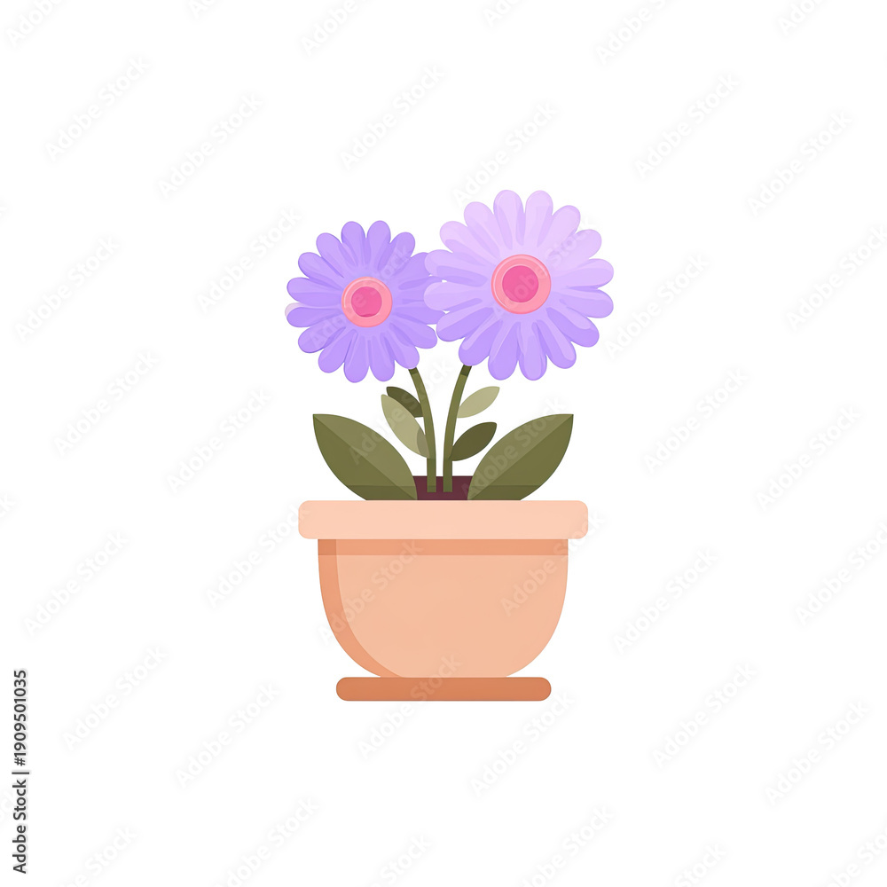Fototapeta premium Cartoon illustration featuring two purple flowers in a clay pot against a black backdrop