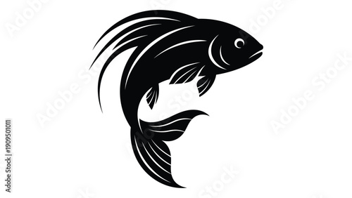 Black and white illustration of a fish with flowing tail and fins isolated on white background, Vector