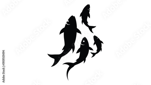 Silhouette of a large shark and smaller fish swimming in the ocean isolated on white background, Vector