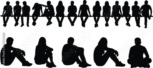 Row of seated people silhouettes showing men and women sitting together, human figures isolated on white background for community, waiting, lifestyle and social concepts