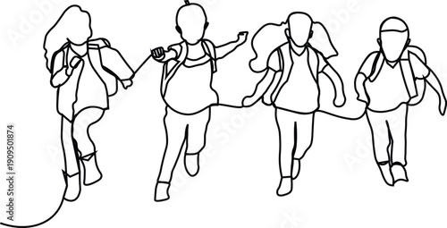 Continuous Line Art of Diverse School Children Running with Backpacks. Minimalist Illustration of Happy Friends. Back to School Concept. Simple Black Outline Doodle for Education Resources.
