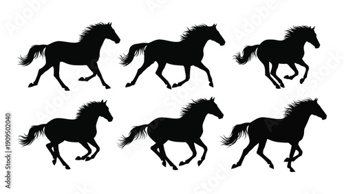 Six black silhouettes of horses in dynamic poses against a white background isolated on white background, Vector