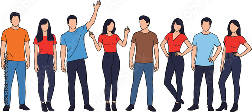 Flat Vector Illustration of a Diverse Group of Young Men and Women Standing Together in Casual Outfits for Community Projects