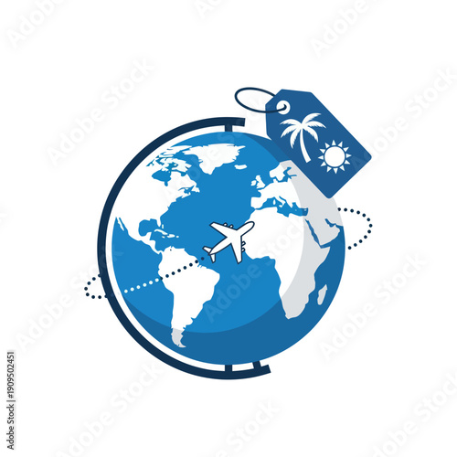 Airplane flying around globe with tropical travel tag