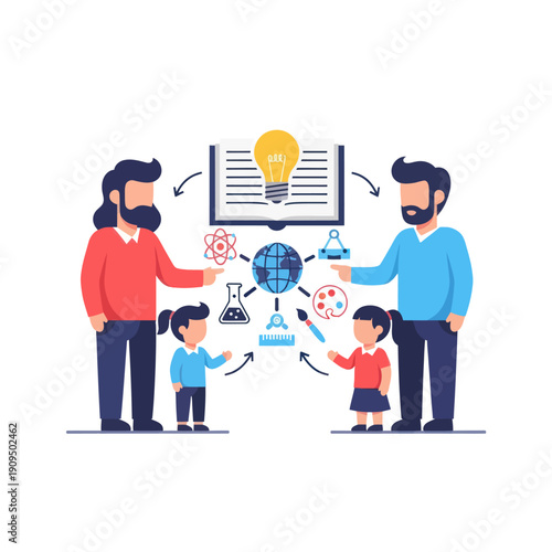 Adults and children exploring diverse knowledge and education together