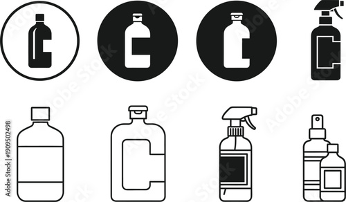 Plastic Bottle and Spray Cleaner Container Icon Set with Packaging Symbols Collection