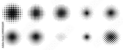 Dotted circles set, round shapes with halftone effect, dot elements collection for ranked graphic design projects, digital artwork, infographic layouts, UI elements, pattern designs, and professional 