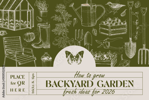Backyard garden vector background with hand drawn illustrations