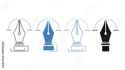 Illustration of a fountain pen in four different colors and styles isolated on white background, Vector