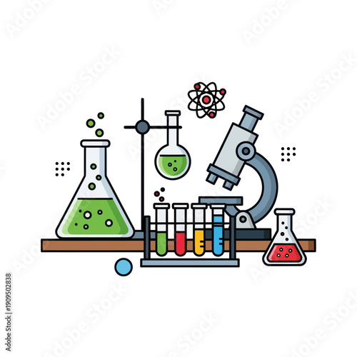 Chemistry lab setup with flasks, test tubes, microscope and atom