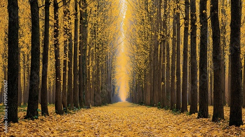 A perspective forest path with tall, bare trees, foliage covered ground, and golden light