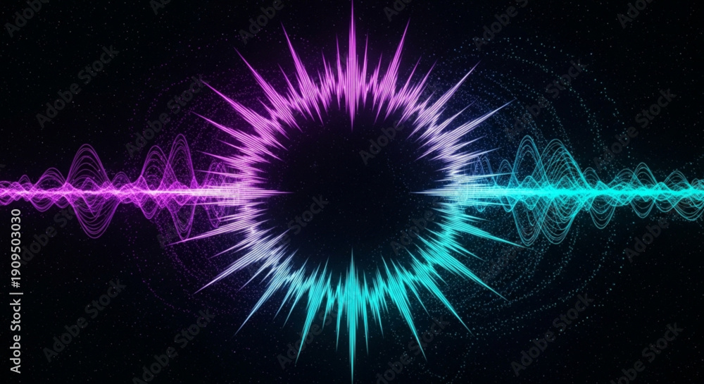 Fototapeta premium Vibrant sound wave explosion with purple and blue hues on a black background representing audio energy and technology