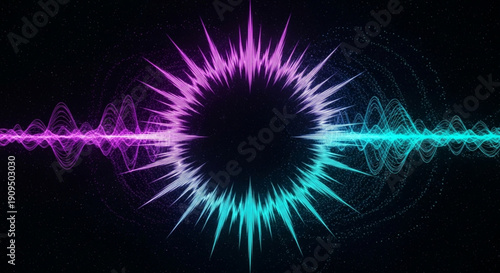 Vibrant sound wave explosion with purple and blue hues on a black background representing audio energy and technology