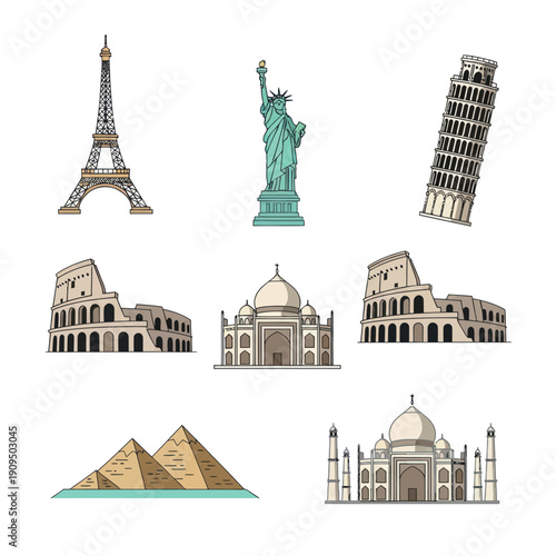 Collection of famous world travel landmarks and monuments
