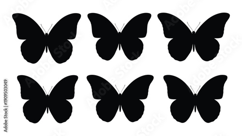 Six black butterfly silhouettes arranged in two rows of three isolated on white background, Vector