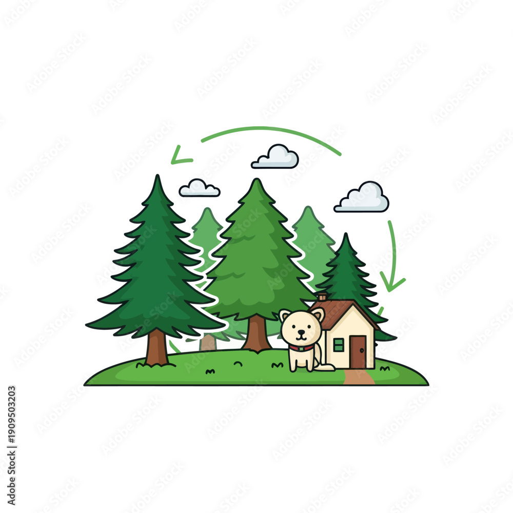 Obraz premium Cute dog by house in forest with air quality cycle