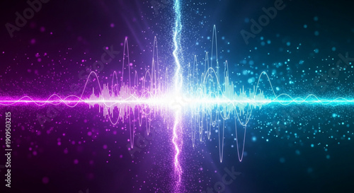 Vibrant sound wave graphic with purple and blue neon lights on dark background energy pulse visualization
