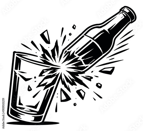 Bold line art illustration of a bottle and a glass depicting a shattering impact for dramatic visual concepts