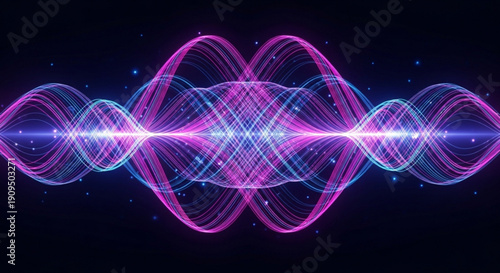 Vibrant purple and blue neon sound wave graphic on dark background with glowing lines and starry night sky effect