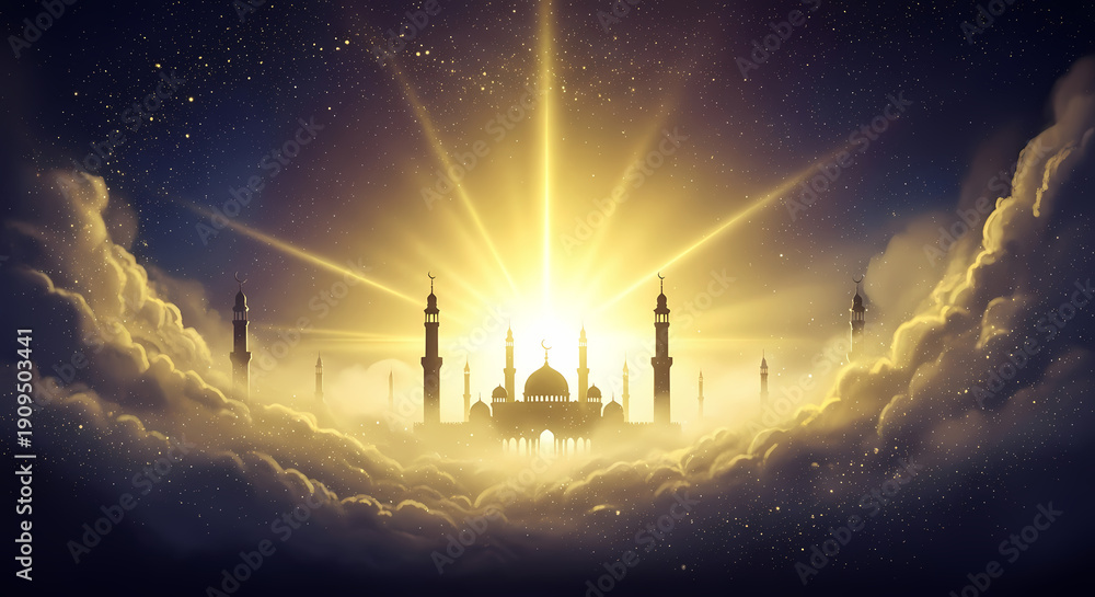 Fototapeta premium Ramadan Night Sky with Mosque Silhouette