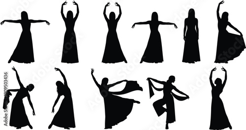 Set of female dancer silhouettes in elegant poses isolated on white background, black vector ballet and contemporary dance collection for design