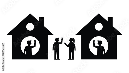 Silhouette of a family moving between two houses with moving boxes. isolated on white background, Vector
