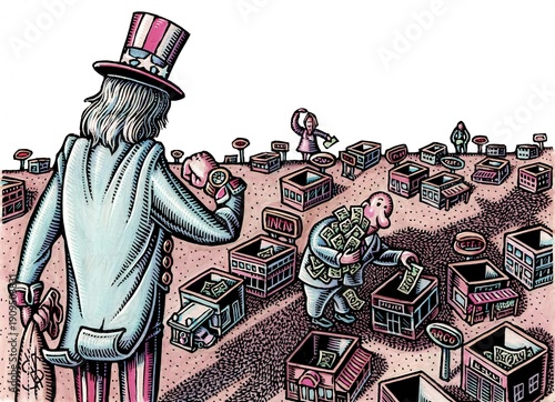 Valokuva uncle sam looks at watch as man puts money into commercial properties