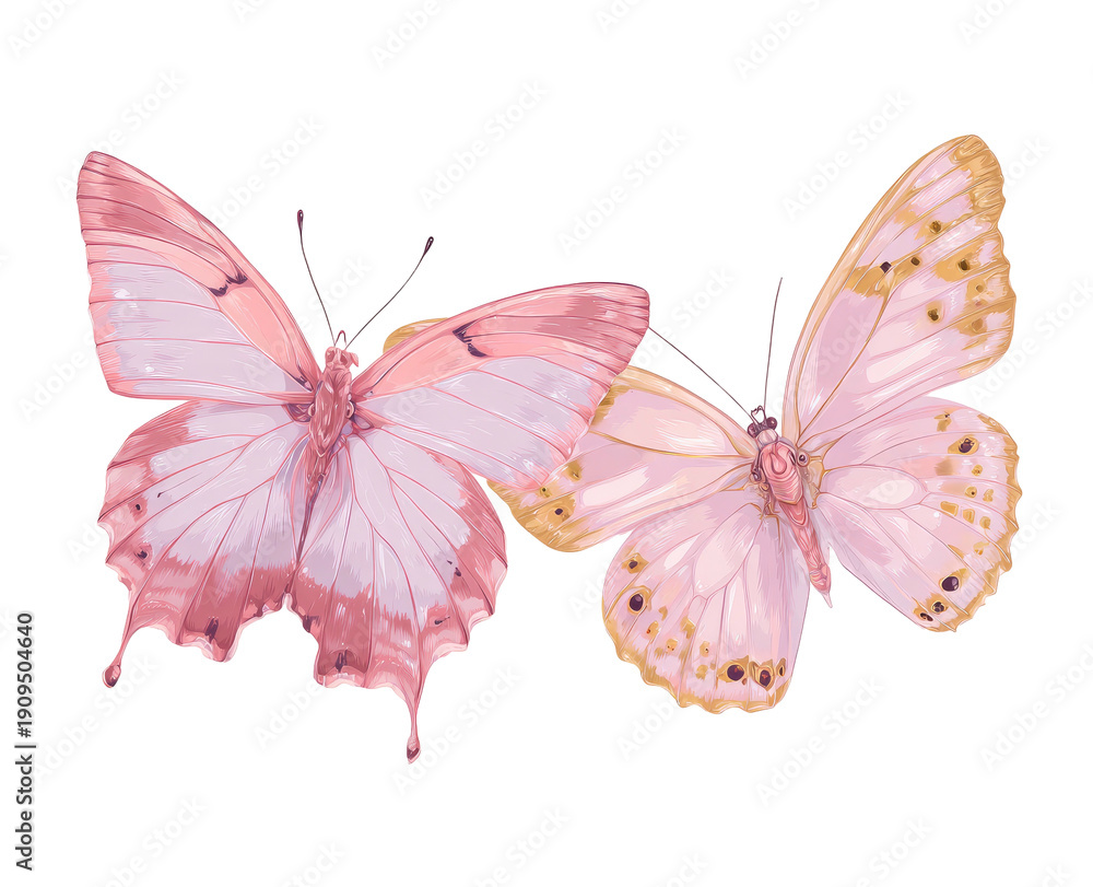 Fototapeta premium Delicate watercolor illustration of two butterflies, wings outstretched, overlapping slightly