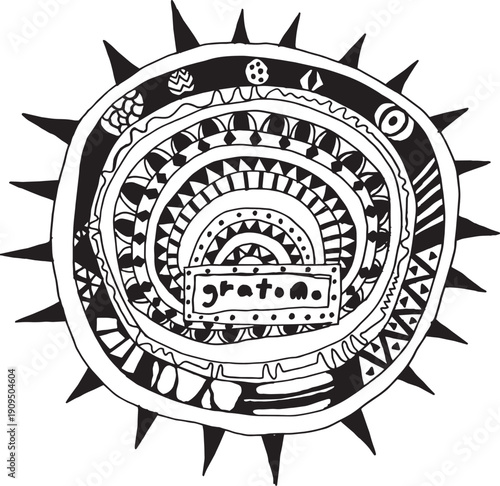 Ethnic circular ornament drawing with mystical symbols