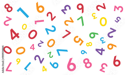 Mathematics background. different numbers in random pattern. Colorful school pattern for children. Multicolor math background for kids, colors red, orange, greenery. Seamless abstract vector pattern