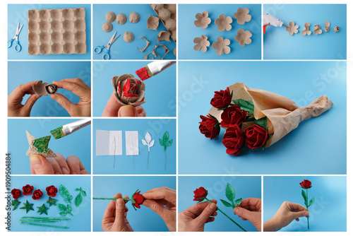 Aesthetic handmade egg tray flowers for sustainable home decor. Creative floral hand craft gift project. Upcycled cardboard roses acrylic painting art. Eco friendly diy rose flower room decoration