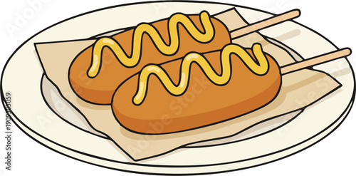 Corn Dogs with Mustard on Plate - Minimalist Flat Design Food Illustration Vector