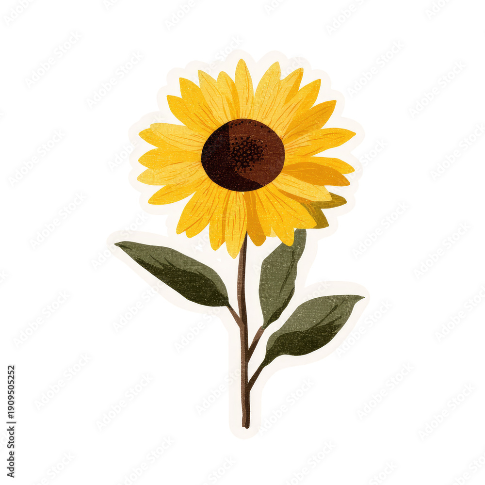 Naklejka premium Watercolor illustration of a sunflower in full bloom, with leaves and stem, against black