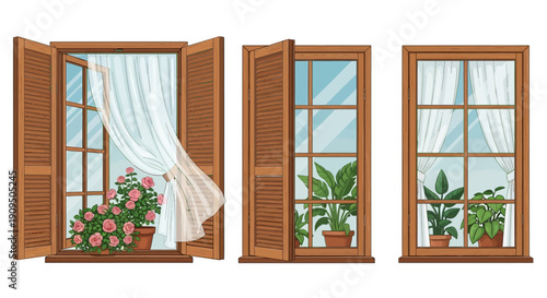 Vector house window frame set isolated on white, glass, wooden shutters, home plants, bloom roses,curtains. Architecture facade vintage exterior objects collection. Open, closed house windows, flowers