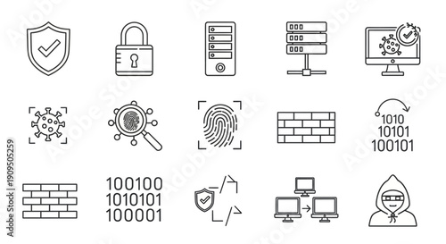 Collection of cybersecurity icons representing digital security measures and online protection concepts in a monochromatic illustration style