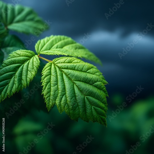 Close-up of vibrant green leaves with detailed veins against a blurred dark blue background.