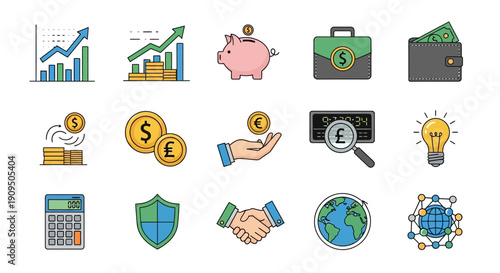 Collection of finance and business icons representing various concepts including growth, savings, and security in a modern, simplified illustration style